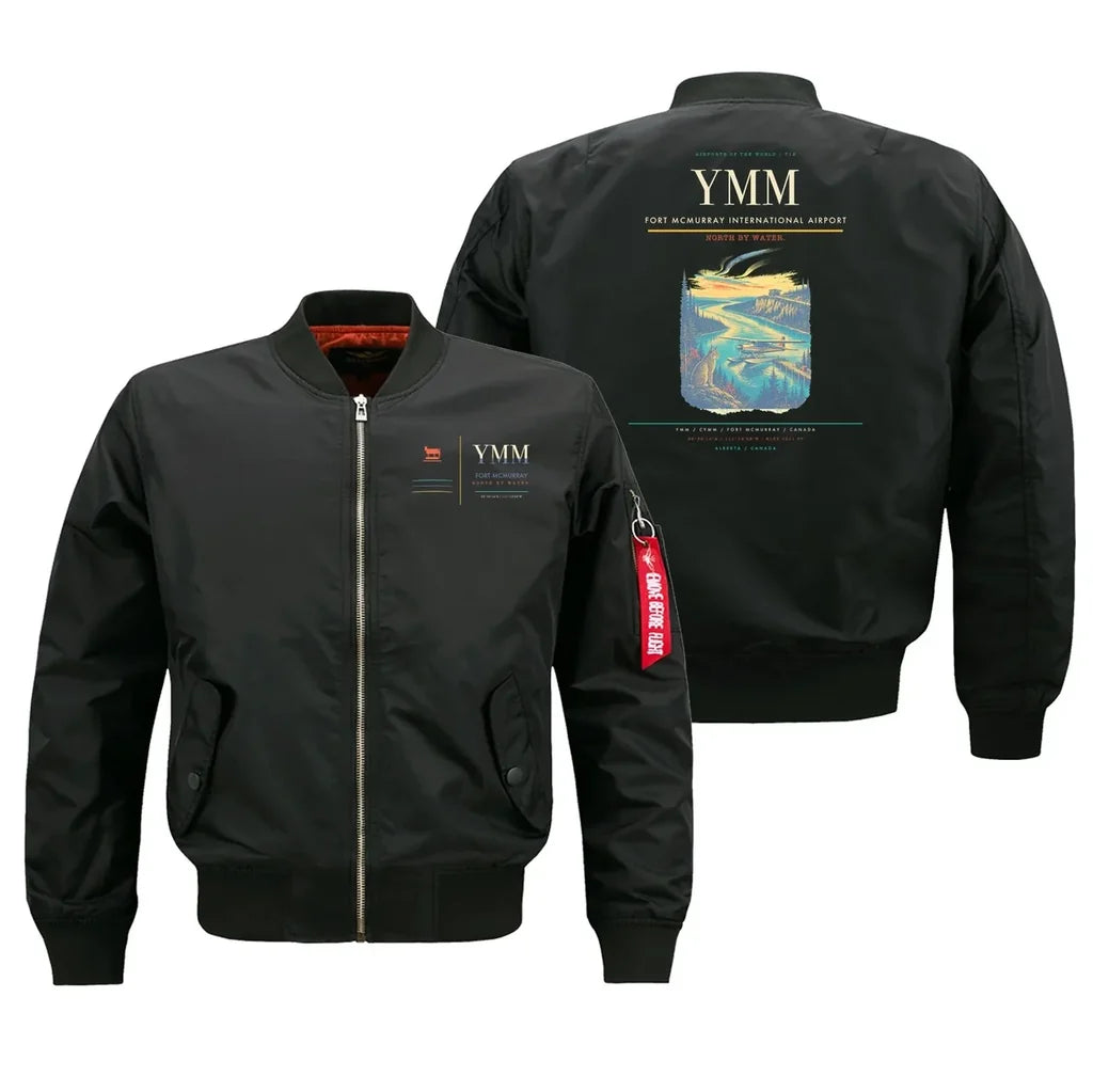 Fort McMurray International Airport (YMM) design on black bomber jacket
