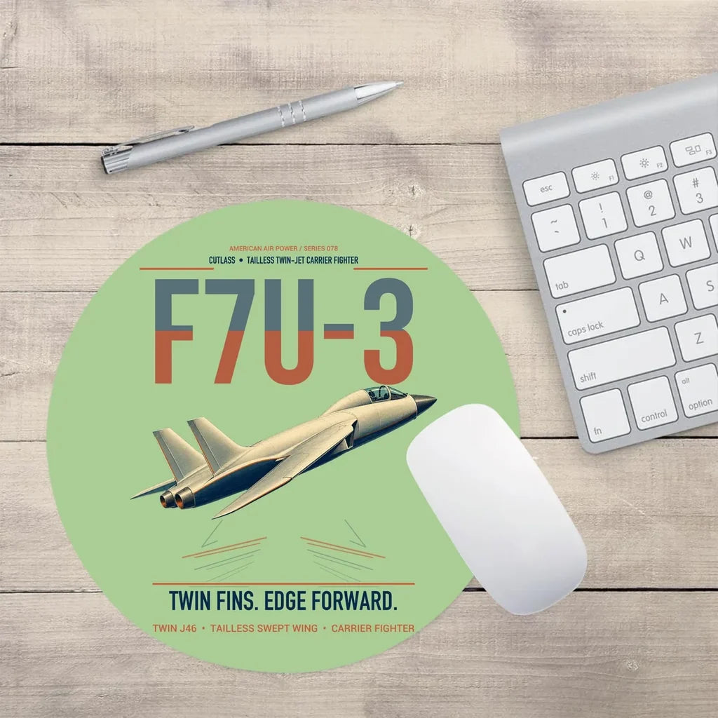 F7U-3 Cutlass design on light green round mouse pad