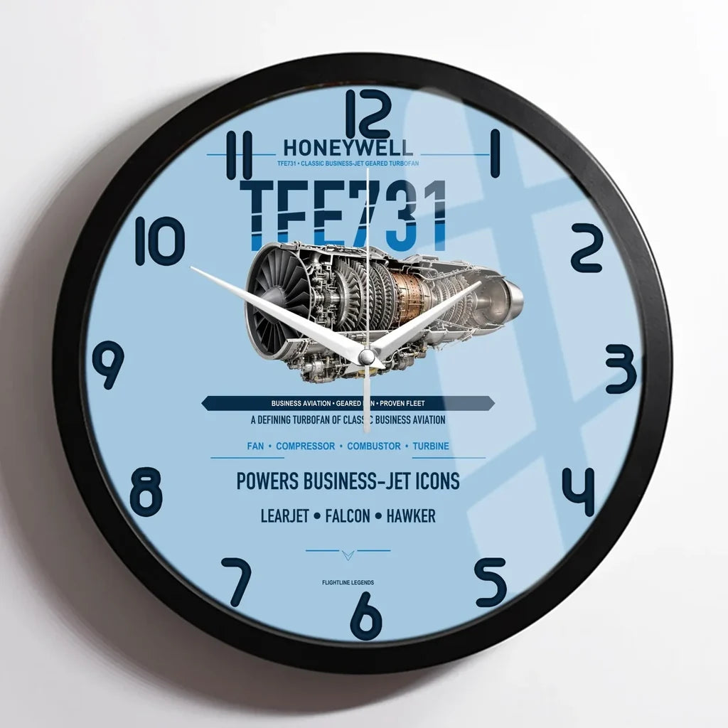 TFE731 design on light blue framed wall clock