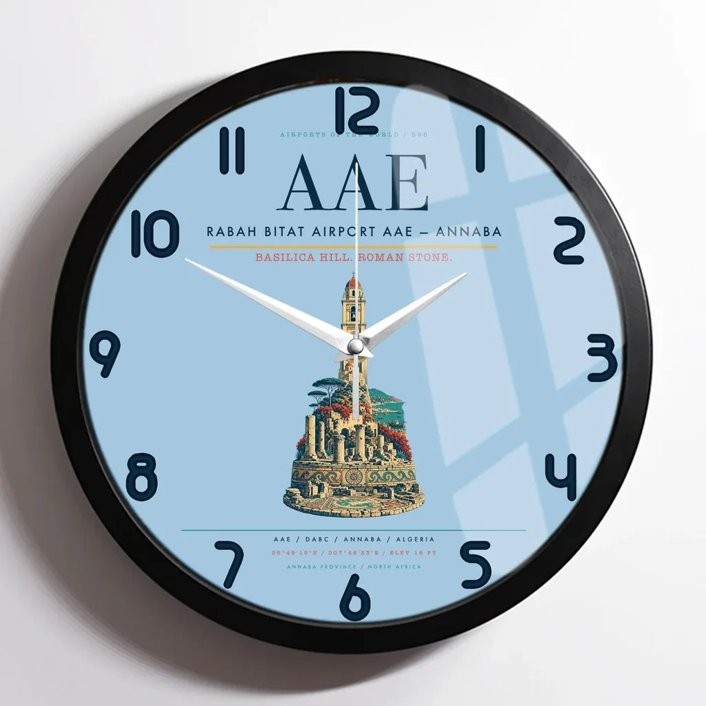 Rabah Bitat Airport (AAE) design on light blue framed wall clock