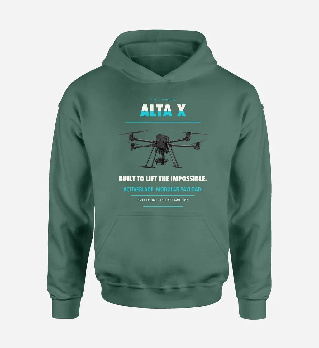 Freefly Alta X design on green hoodie single side