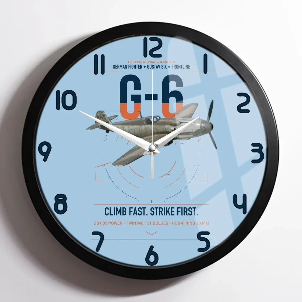 Messerschmitt Bf 109G-6 design on light blue framed wall clock