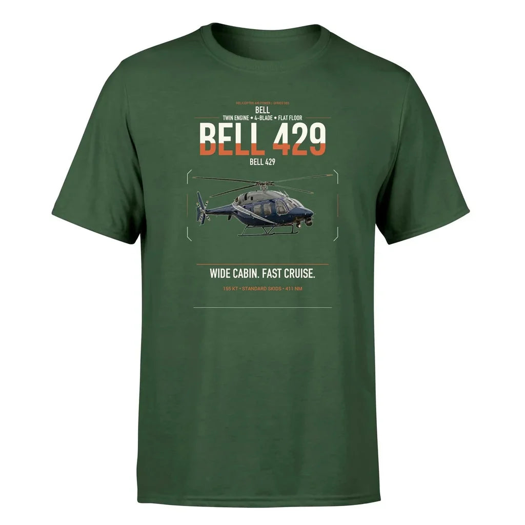 Bell 429 design on dark green t-shirt, single-side print