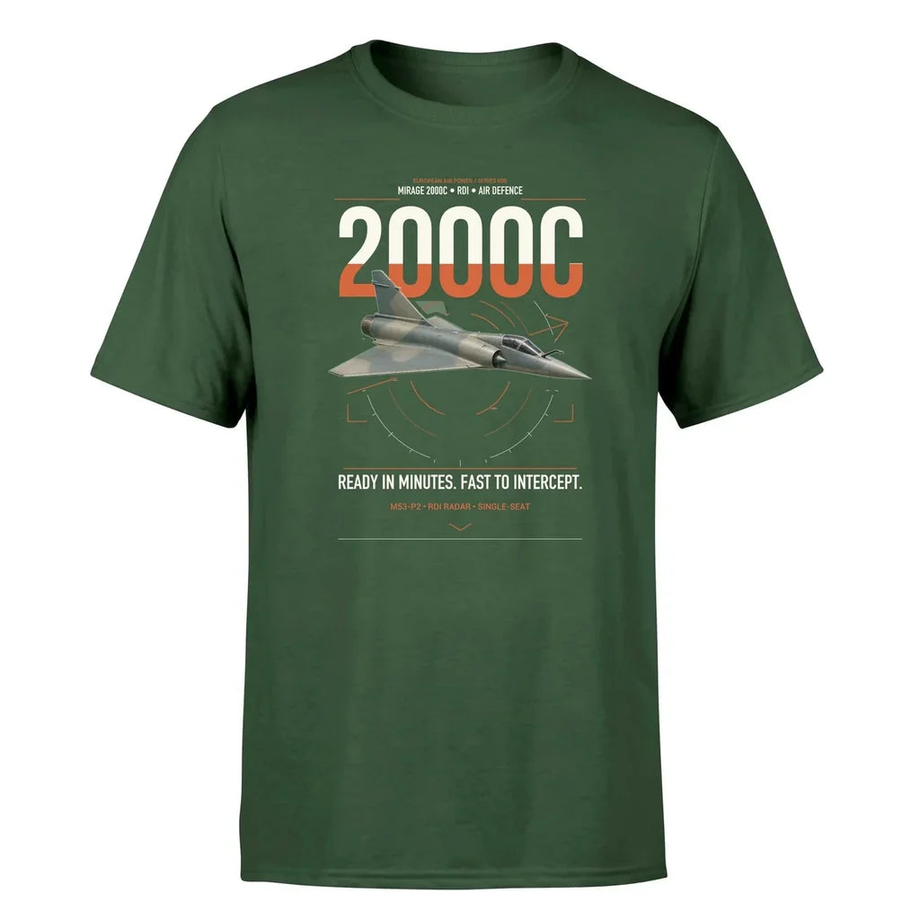 Dassault Mirage 2000C RDI design on dark green t-shirt, single-side print