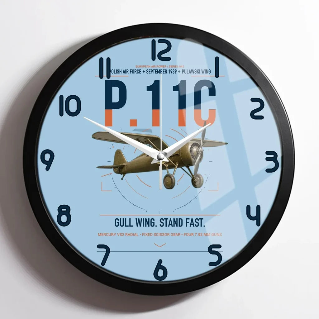 PZL P.11c design on light blue framed wall clock