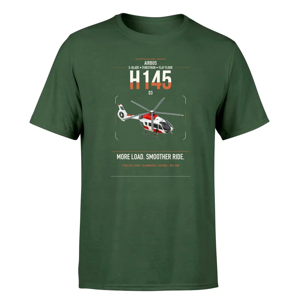 Airbus H145 D3 design on dark green t-shirt, single-side print