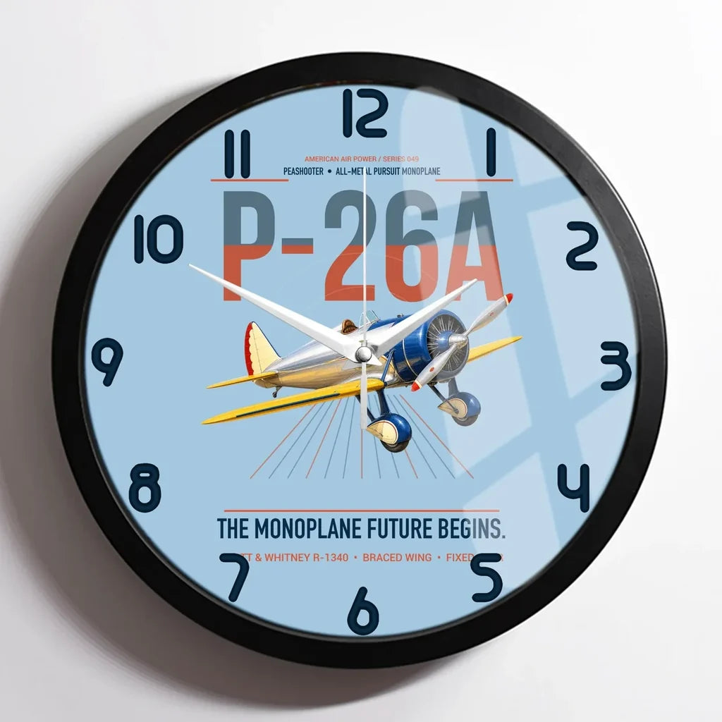 Boeing P-26A Peashooter design on light blue framed wall clock