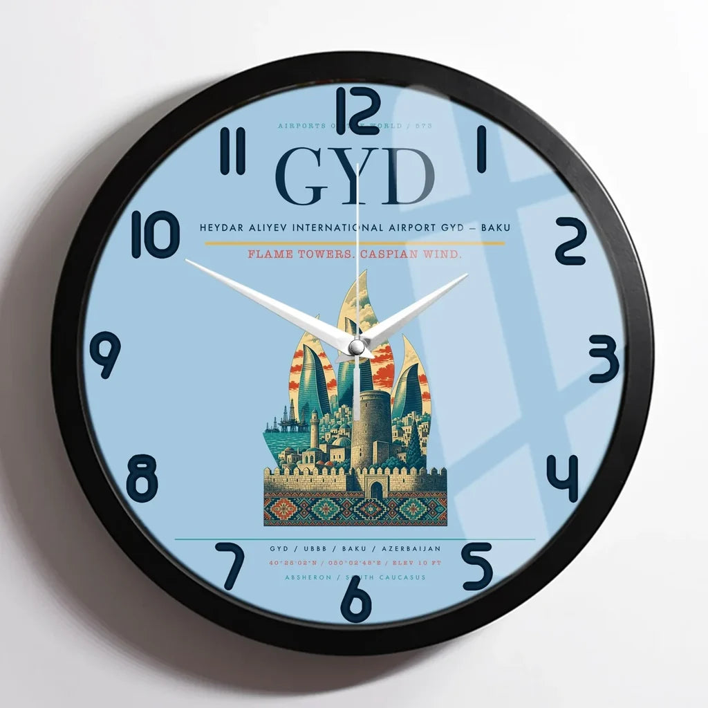 Heydar Aliyev International Airport (GYD) design on light blue framed wall clock