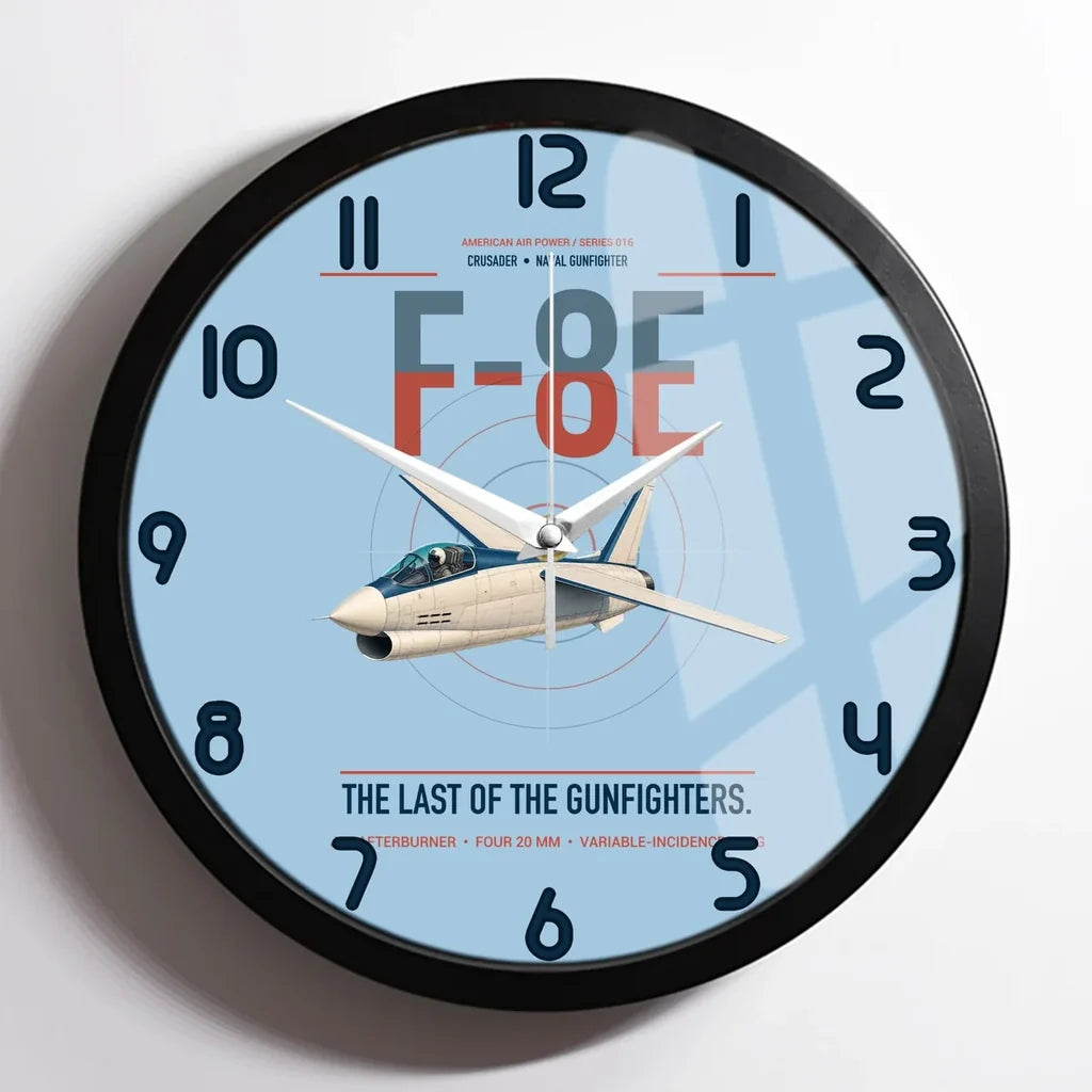 F-8E Crusader design on light blue framed wall clock