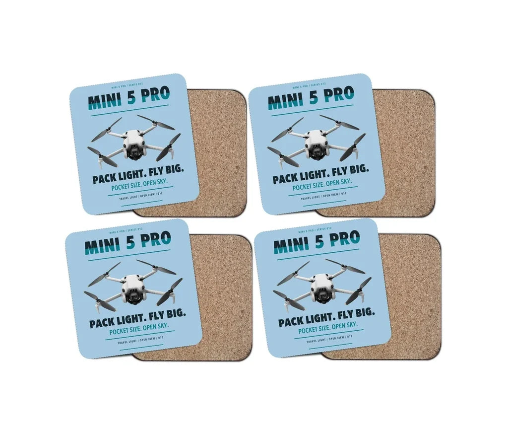 DJI Mini 5 Pro design on light blue 4 pieces set coaster