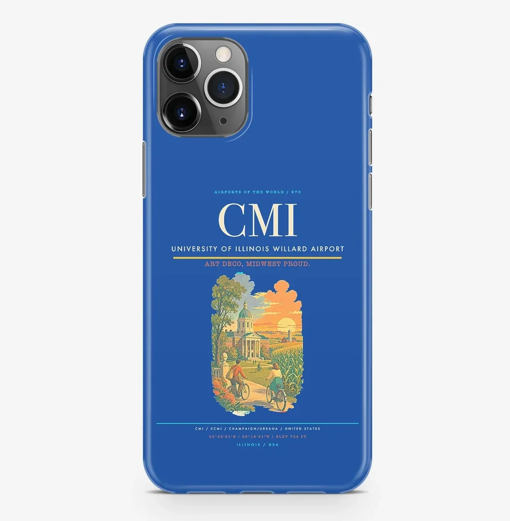 Champaign/Urbana Airport (CMI) design on blue iPhone 16 Pro MagSafe case