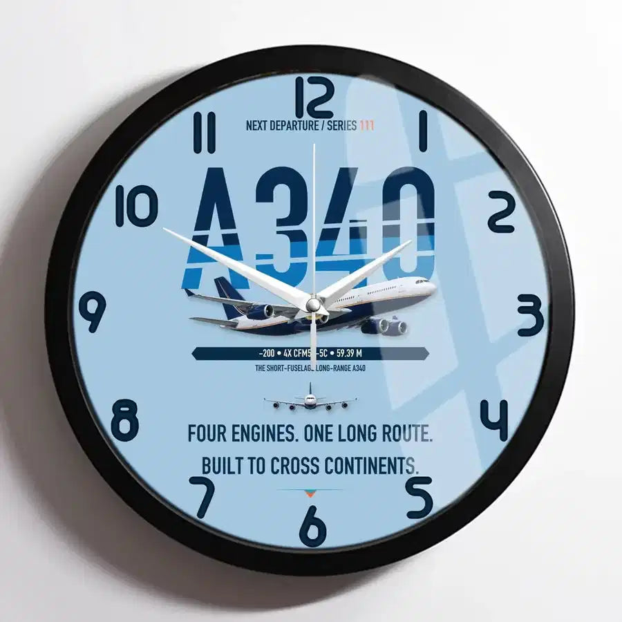 Airbus A340-200 design on light blue framed wall clock
