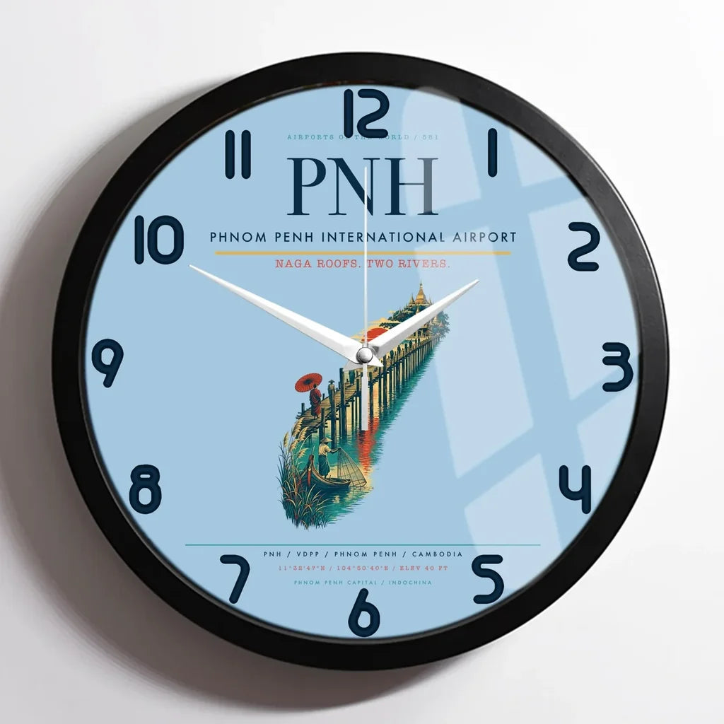 Phnom Penh International Airport (PNH) design on light blue framed wall clock