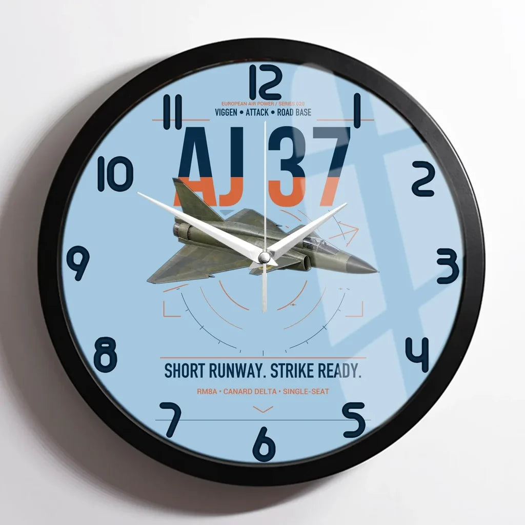 Saab AJ 37 Viggen design on light blue framed wall clock