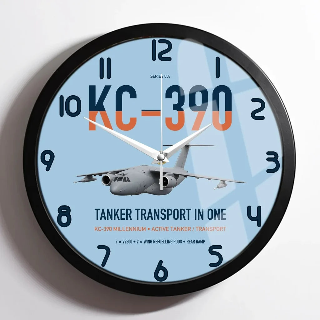 Embraer KC-390 Millennium design on light blue framed wall clock