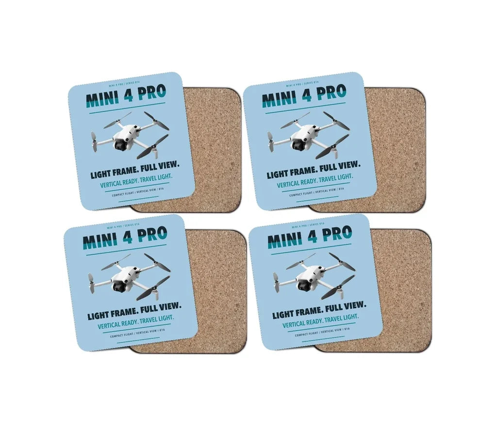 DJI Mini 4 Pro design on light blue 4 pieces set coaster