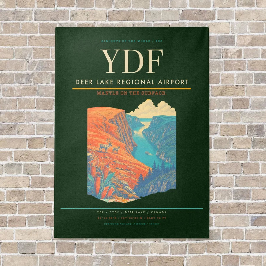 Deer Lake Regional Airport YDF vertical canvas print - no frame - dark green background
