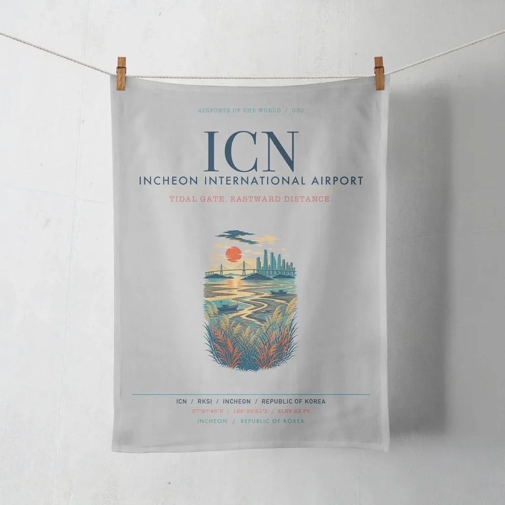 Incheon International Airport (ICN) design on light gray towel