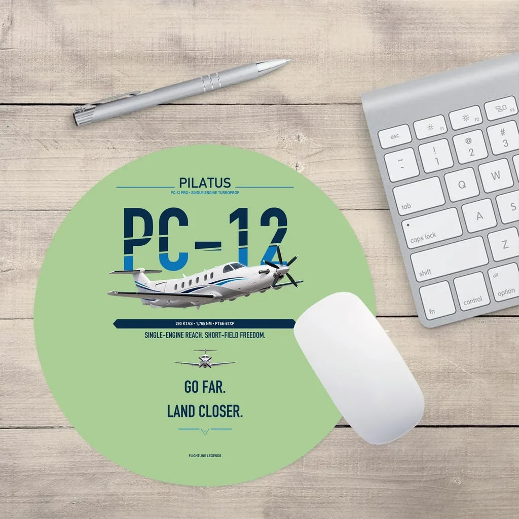 Pilatus PC-12 PRO design on light green round mouse pad