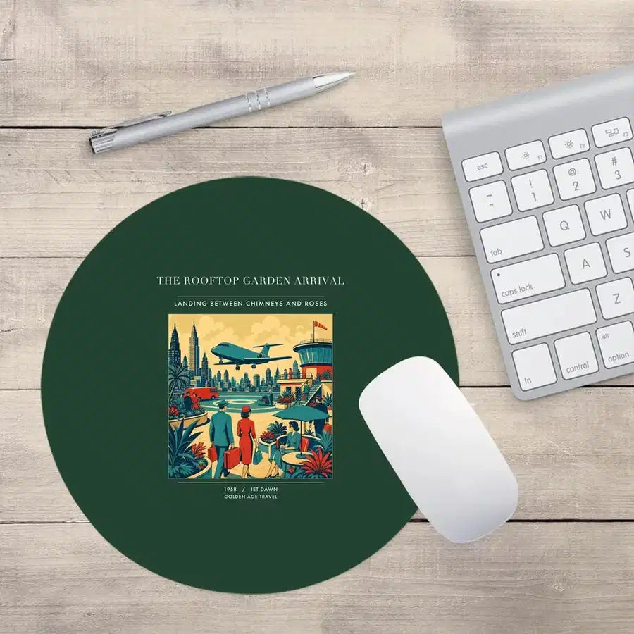 VINTAGE G4371 - The Rooftop Garden Arrival - Designed Mouse Pads design on darkgreen round