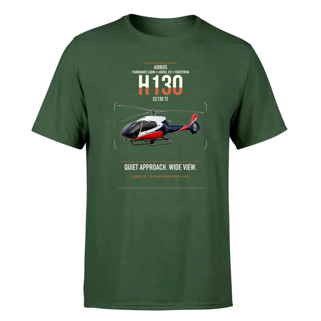 Airbus H130 design on dark green t-shirt, single-side print