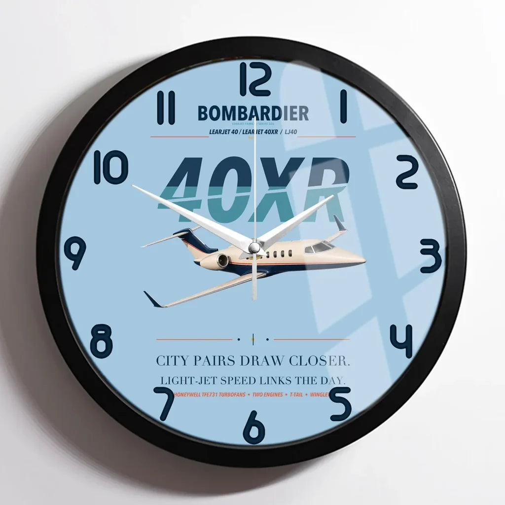 Bombardier Learjet 40XR design on light blue framed wall clock