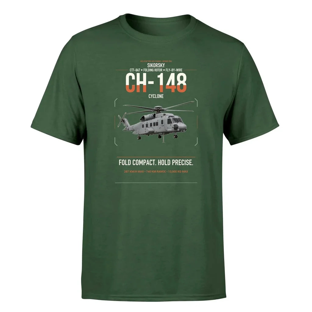 Sikorsky CH-148 Cyclone design on dark green t-shirt, single-side print