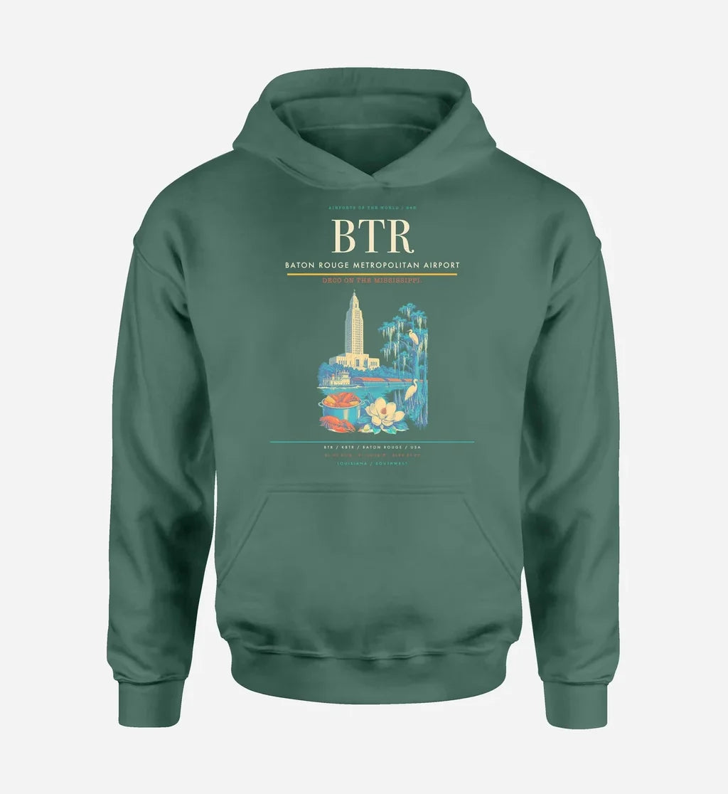 Baton Rouge Metropolitan Airport (BTR) design on green hoodie single-side print