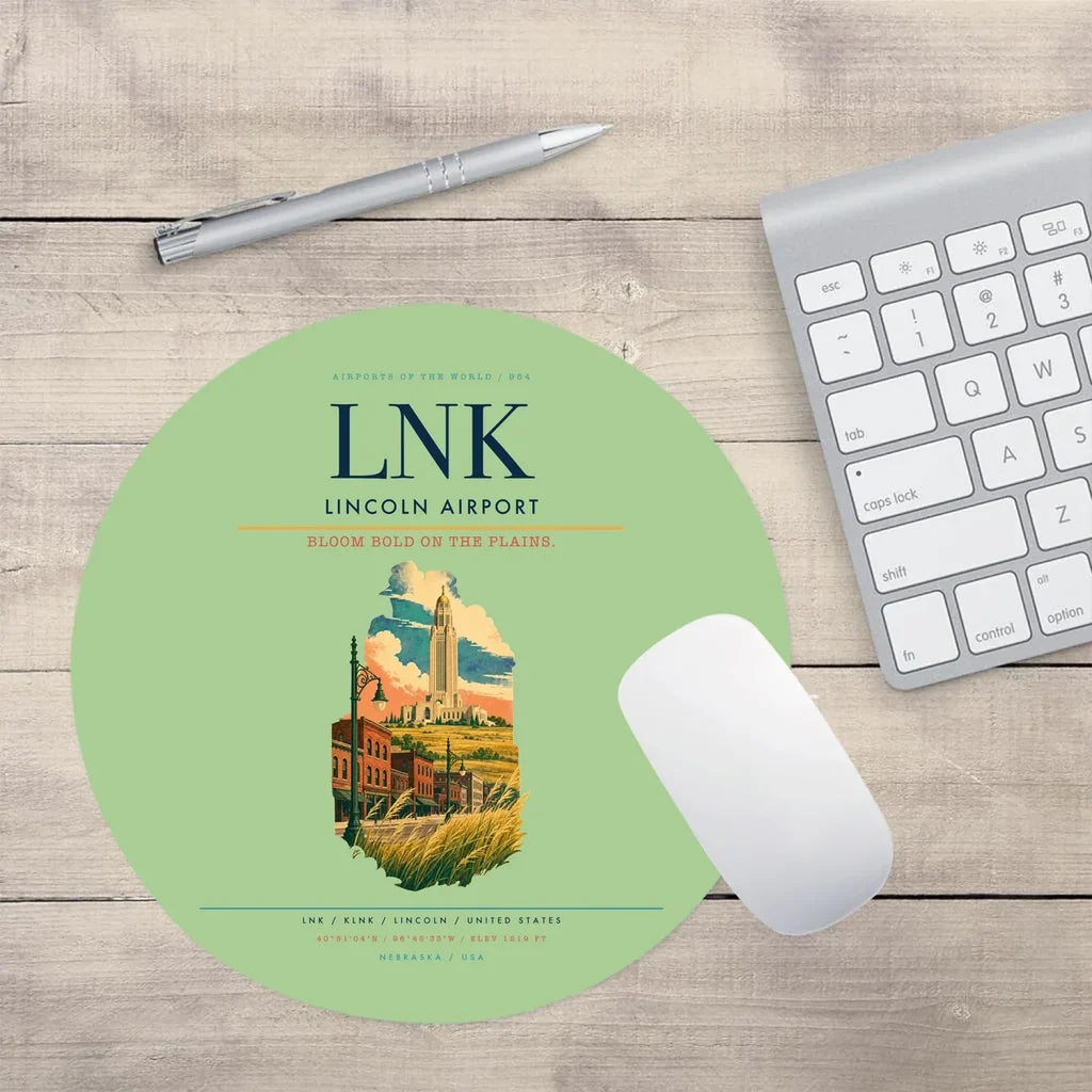 Lincoln Airport (LNK) design on light green round mouse pad