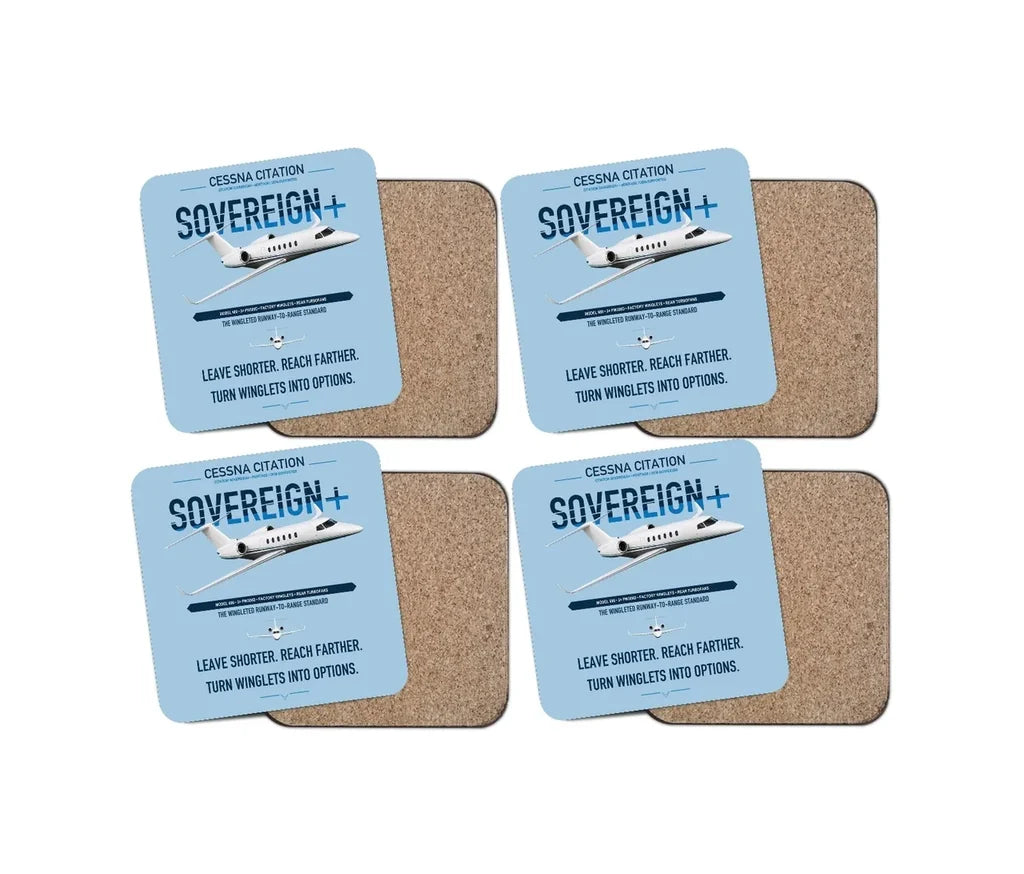 Cessna Citation Sovereign+ design on light blue 4 pieces set coaster