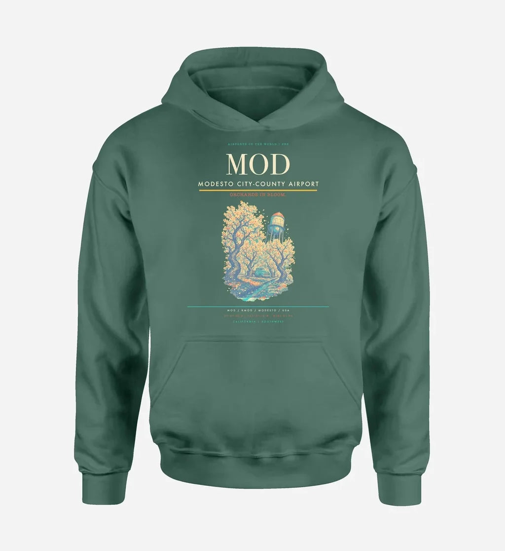 Modesto City-County Airport (MOD) design on green hoodie single-side print