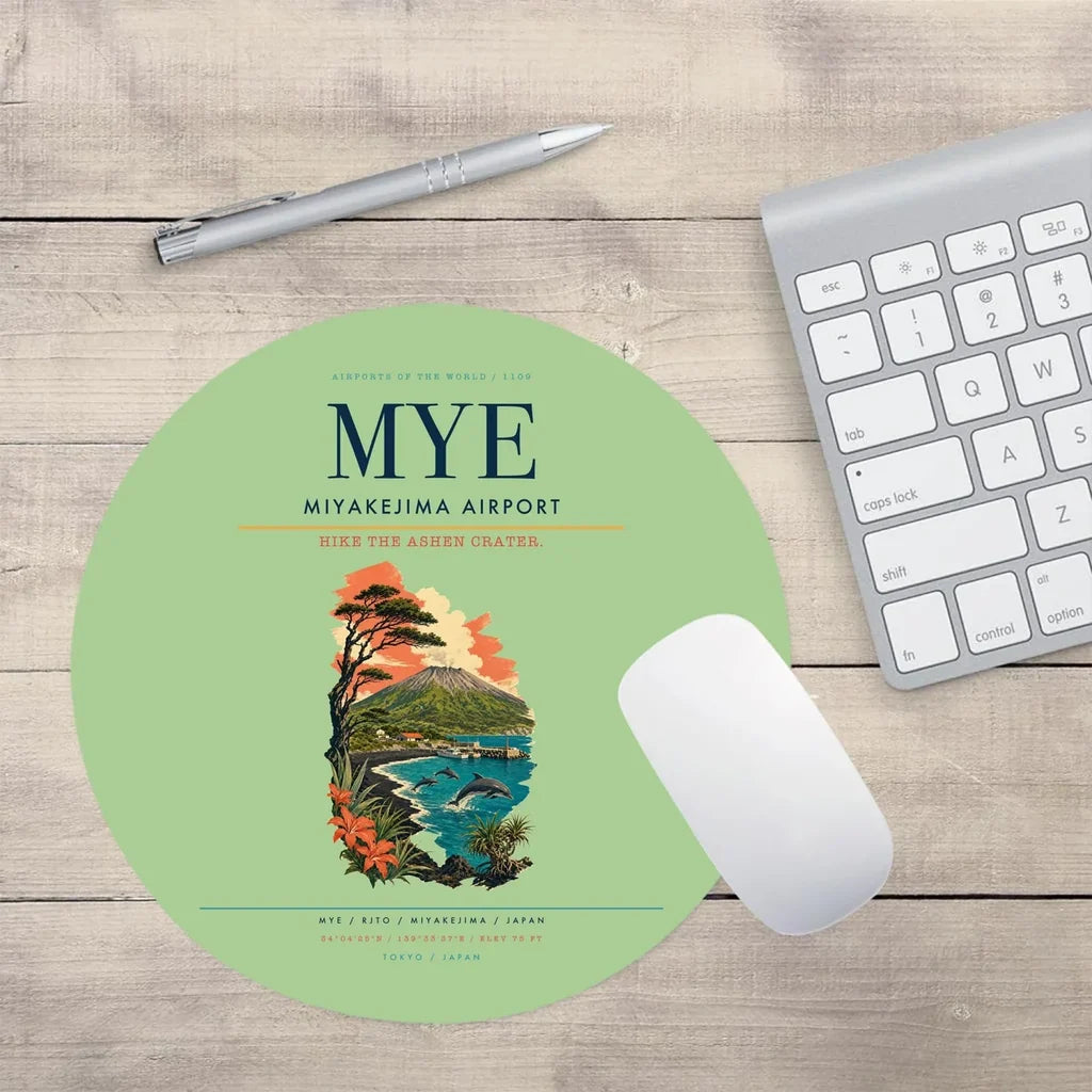 Miyakejima Airport (MYE) design on light green round mouse pad