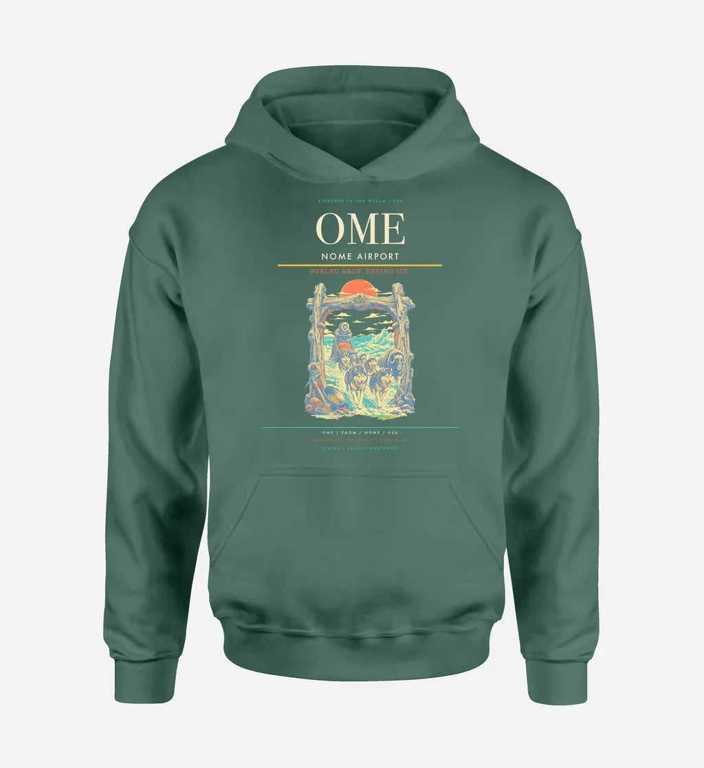 Nome Airport (OME) design on green hoodie single-side print