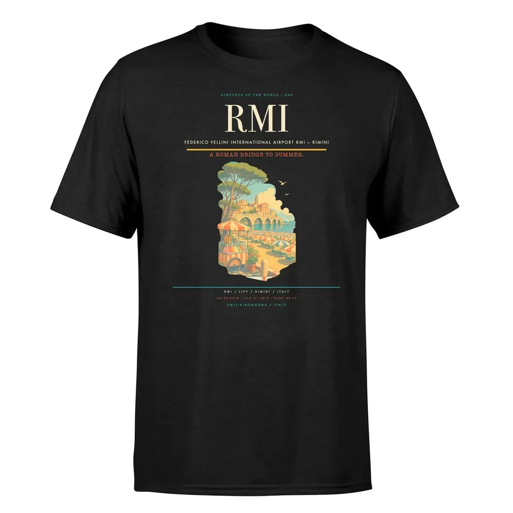 Federico Fellini International Airport (RMI) T-Shirt single-side front print in Black | federico-fellini-international-airport-rmi-double-side-t-shirt