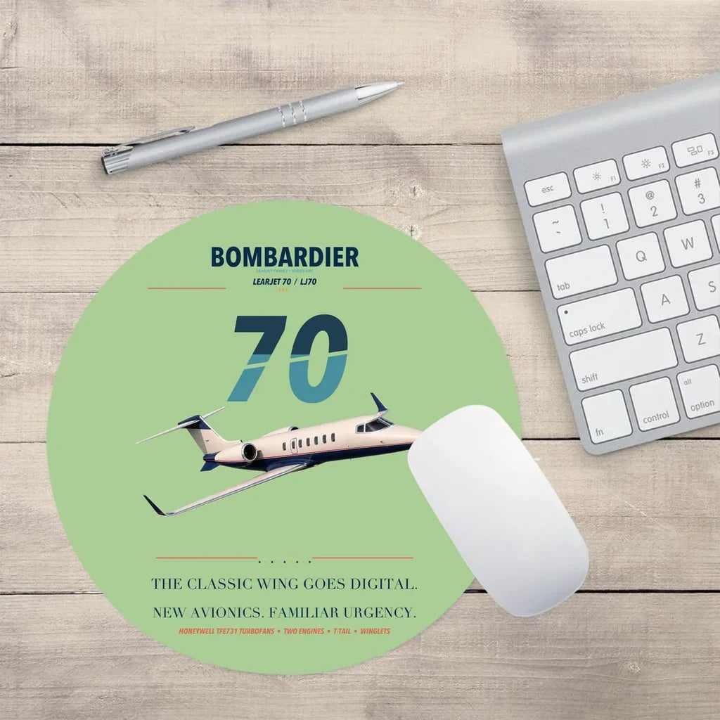 Bombardier Learjet 70 design on light green round mouse pad