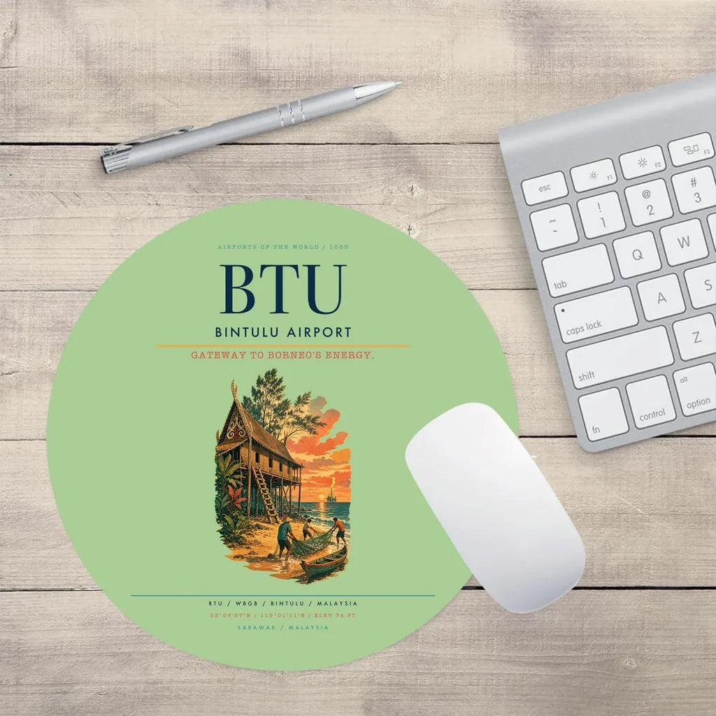 Bintulu Airport (BTU) design on light green round mouse pad