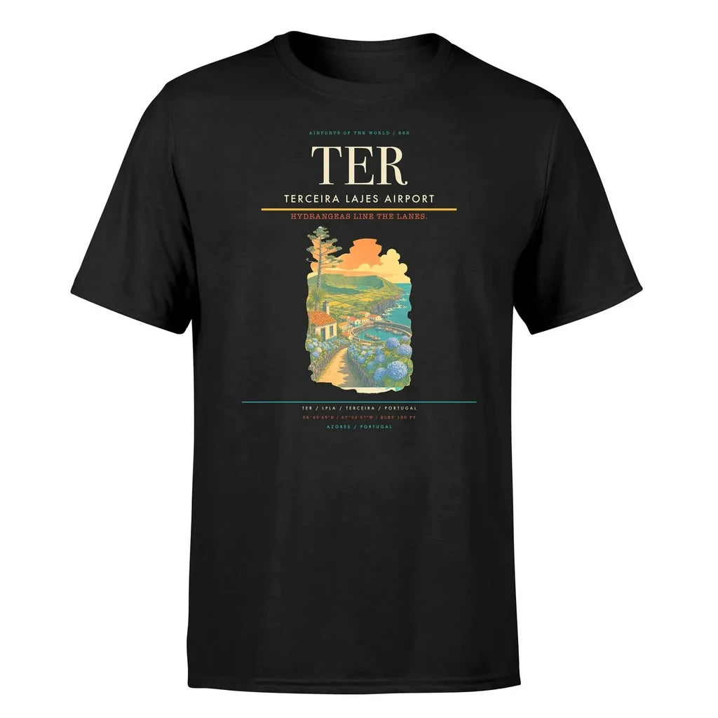 Terceira Lajes Airport (TER) T-Shirt single-side front print in Black | terceira-lajes-airport-ter-double-side-t-shirt