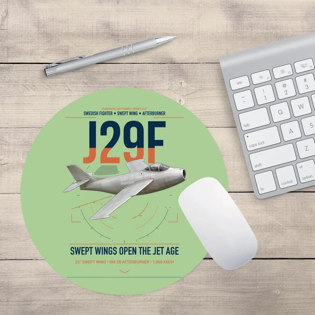 Saab J 29F Tunnan design on light green round mouse pad