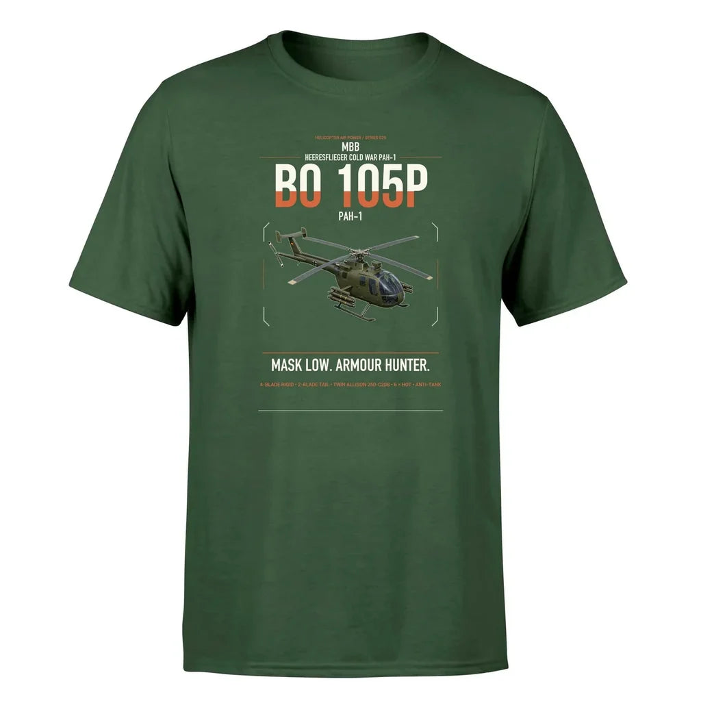 MBB BO 105P PAH-1 design on dark green t-shirt, single-side print