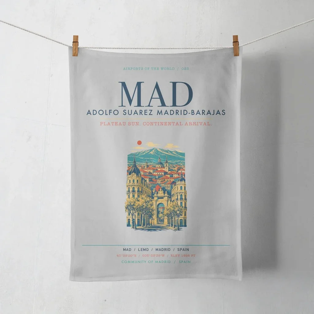Adolfo Suarez Madrid-Barajas Airport (MAD) design on light gray towel