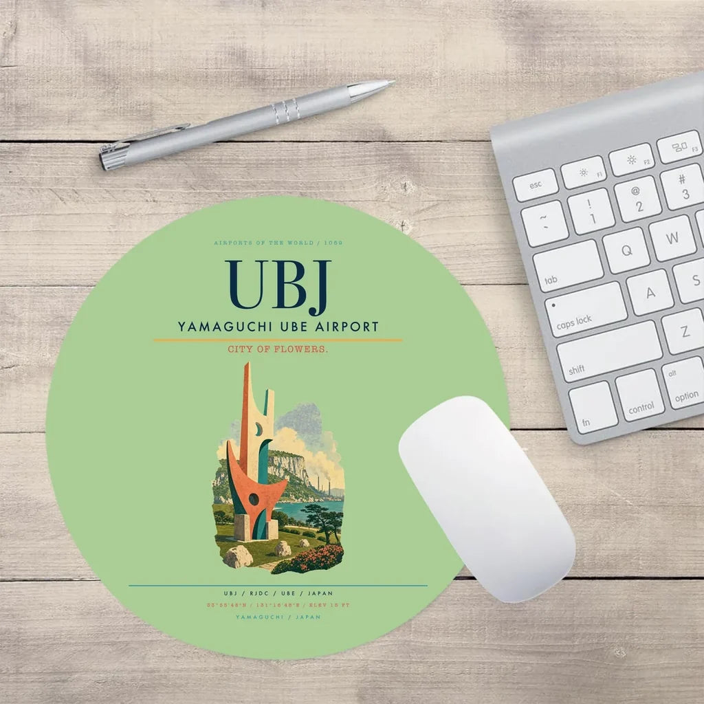 Yamaguchi Ube Airport (UBJ) design on light green round mouse pad