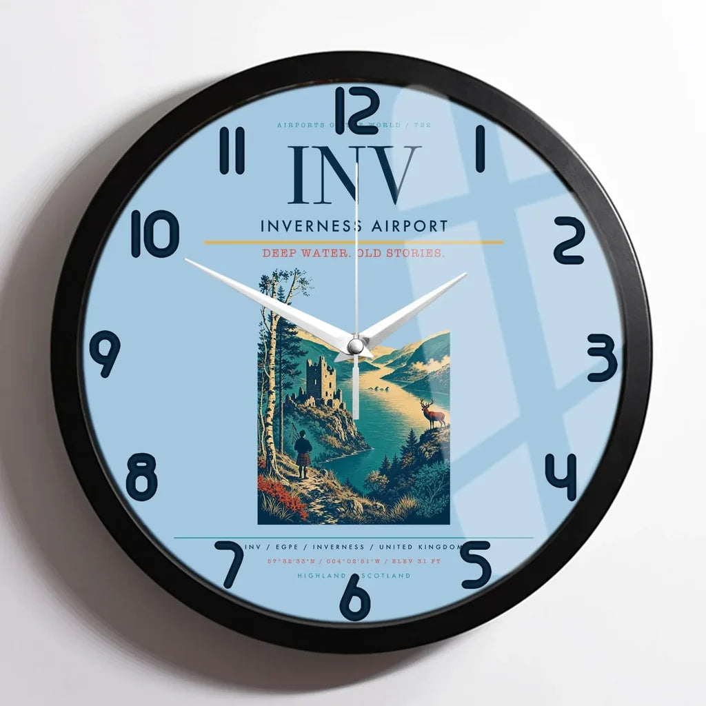 Inverness Airport (INV) design on light blue framed wall clock