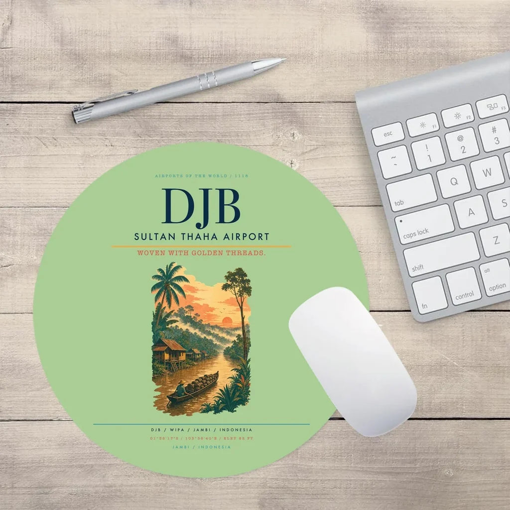 Sultan Thaha Airport (DJB) design on light green round mouse pad