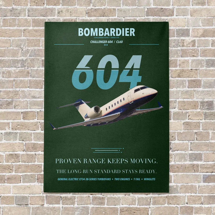 Bombardier Challenger 604 vertical canvas print - no frame - dark green background