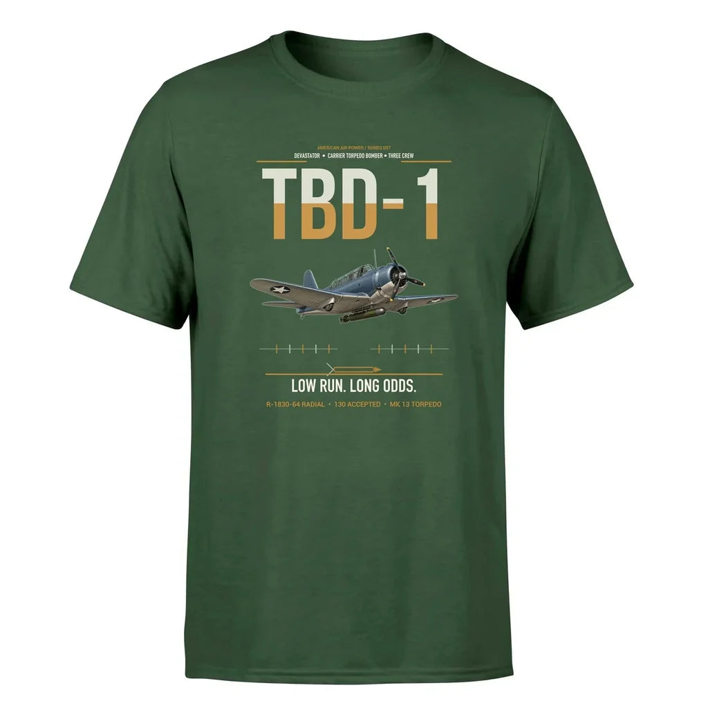 TBD-1 Devastator design on dark green double-side t-shirt, single-side print
