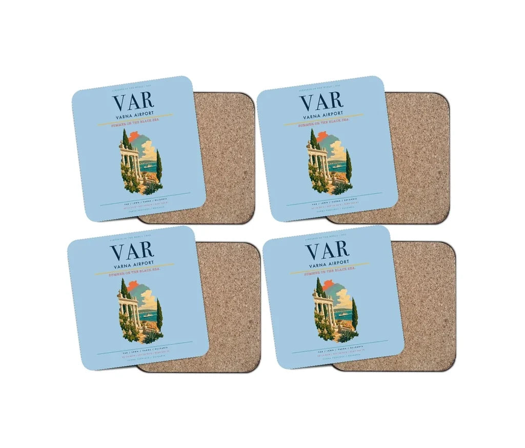 Varna Airport (VAR) design on light blue 4 pieces set coaster
