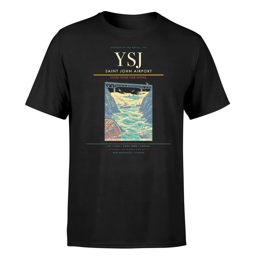 Saint John Airport (YSJ) T-Shirt single-side front print in Black | saint-john-airport-ysj-double-side-t-shirt
