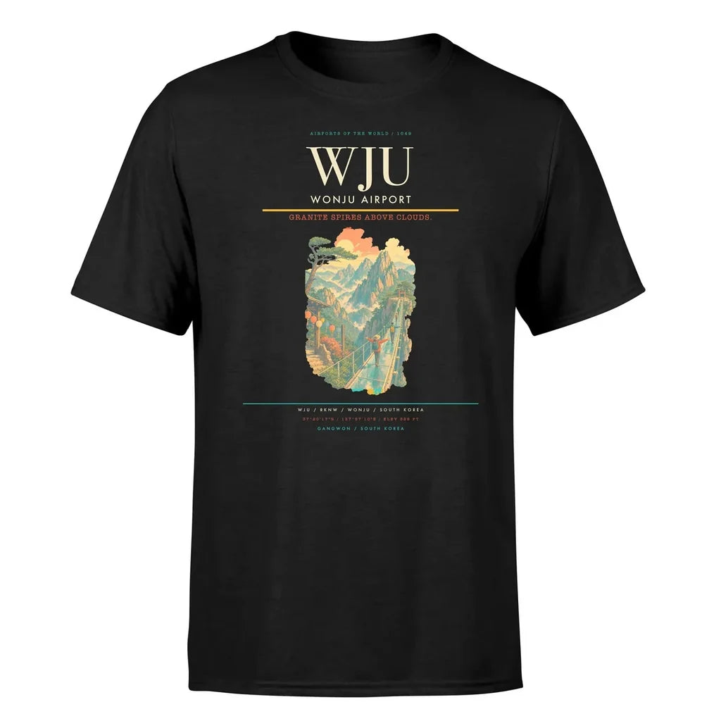 Wonju Airport (WJU) T-Shirt single-side front print in Black | wonju-airport-wju-double-side-t-shirt