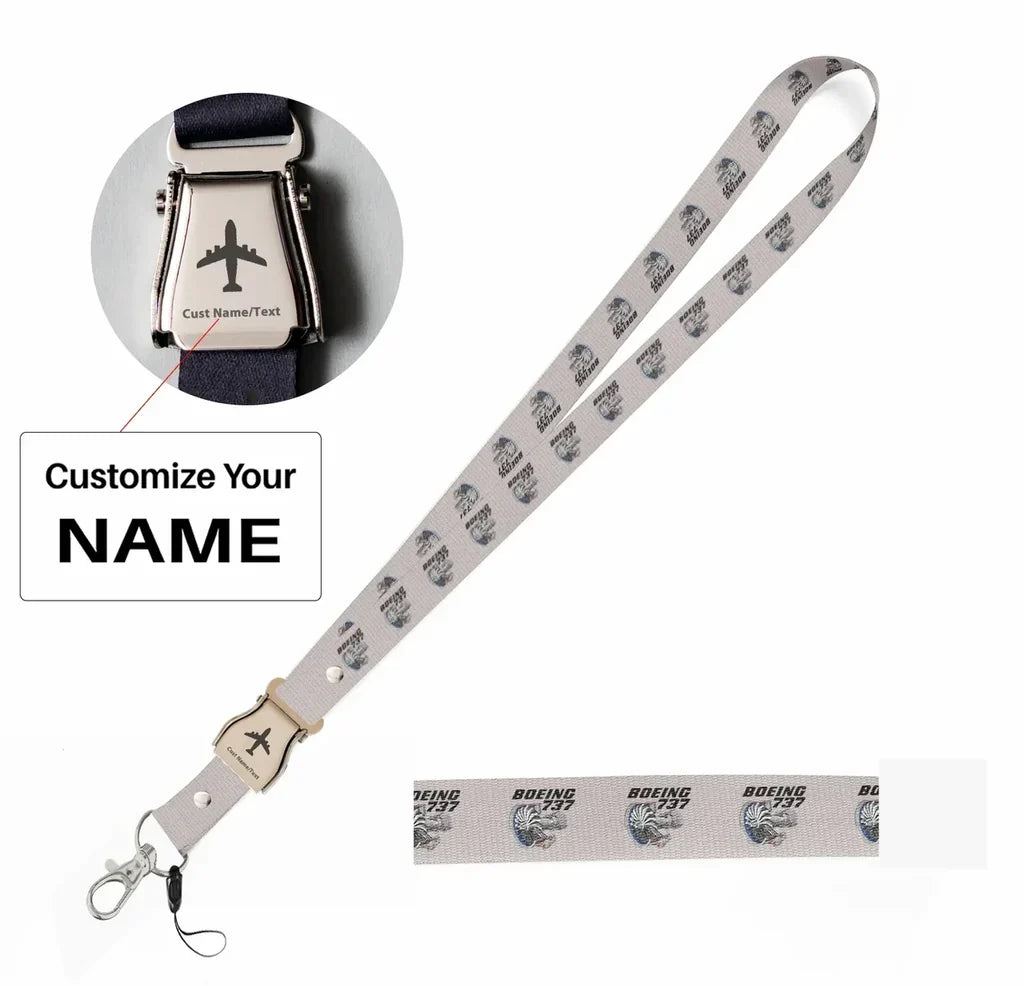 Boeing 737+Text & CFM LEAP-1 Engine seat belt lanyard - light gray with name