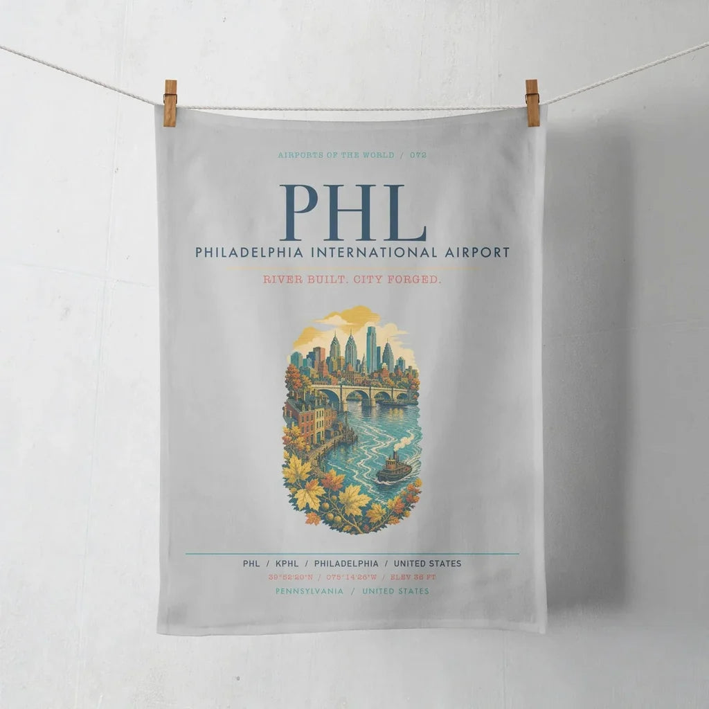 Philadelphia International Airport (PHL) design on light gray towel